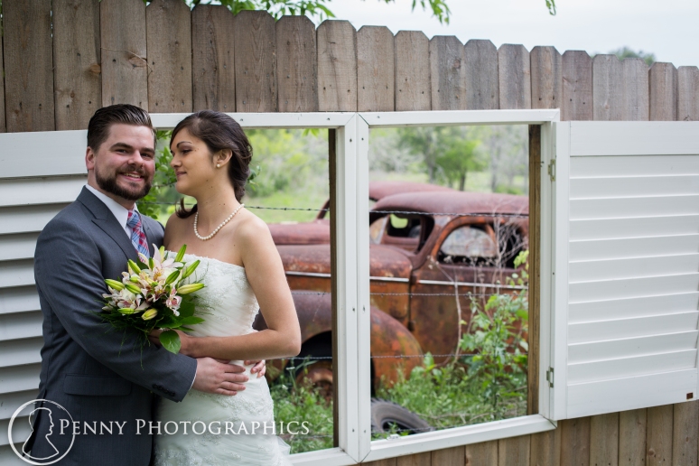 Wedding Portraits with old car at TerrAdorna in Manor, TX