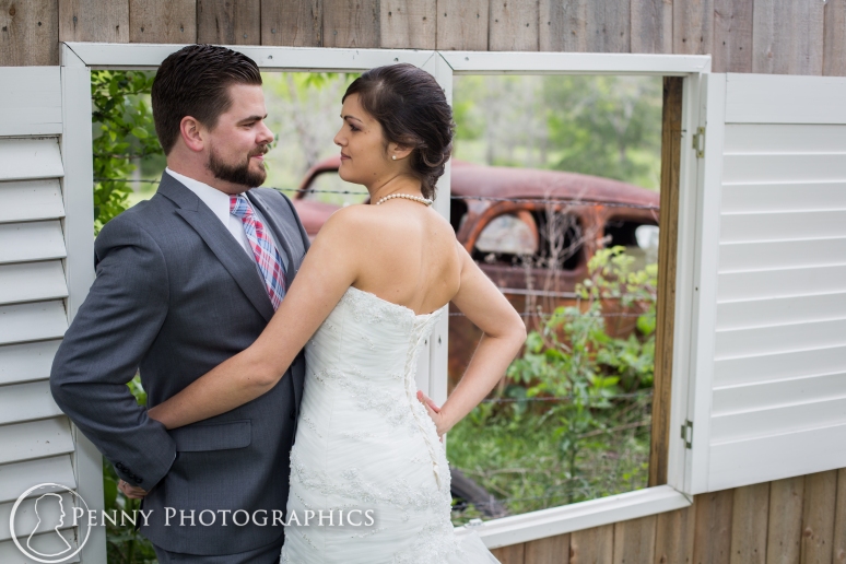 Wedding Portraits with old car at TerrAdorna in Manor, TX