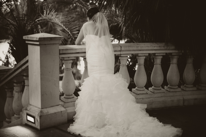 bride looking out over a terrace