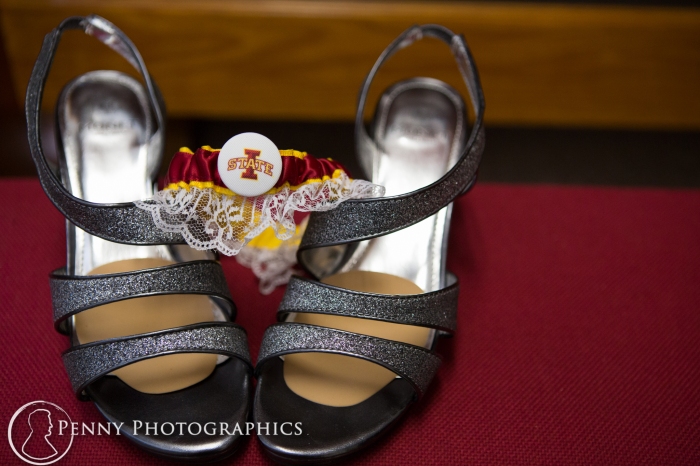 University of Iowa garter theme on wedding shoes