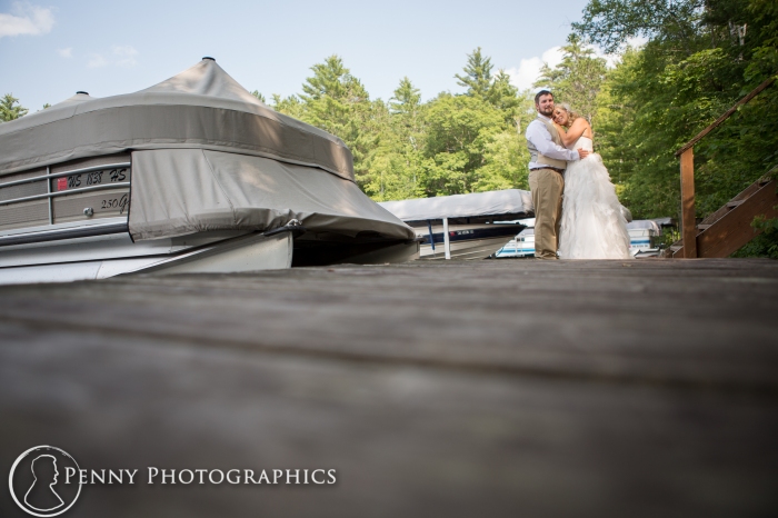 wedding photos on deck by the water Wisconsin