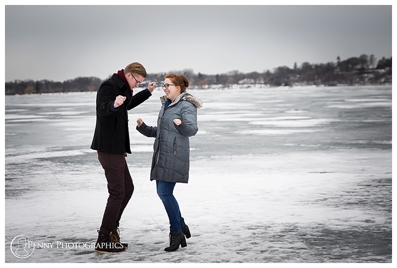 Outdoor Winter Engagement couple dancing on ice
