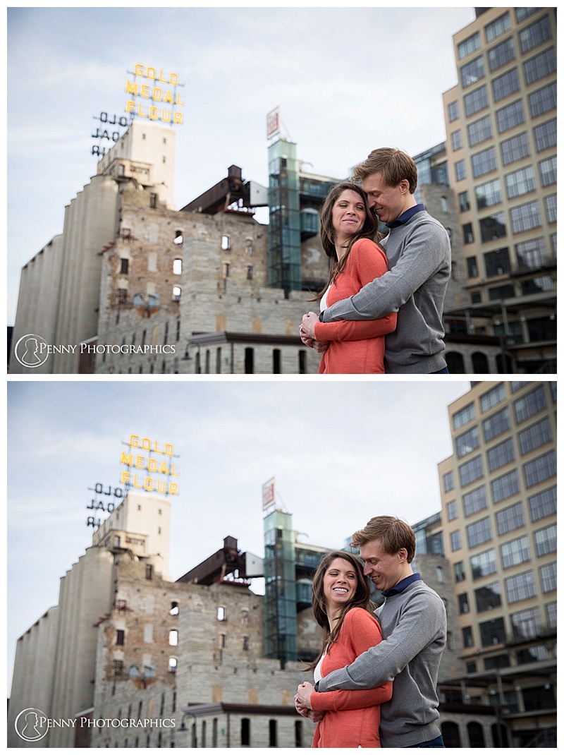 downtown engagement with dogs couple skyline portrait