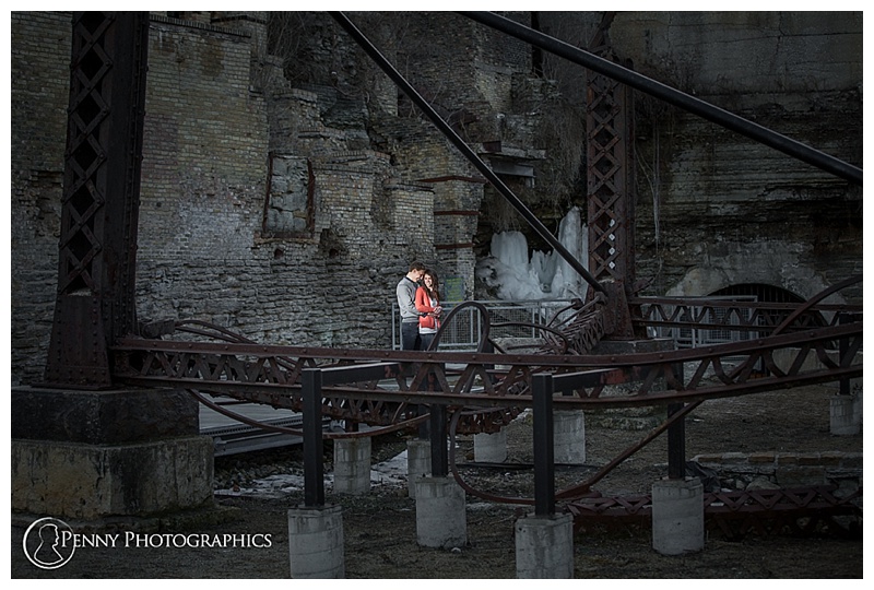 downtown engagement with dogs couple at mill city ruins