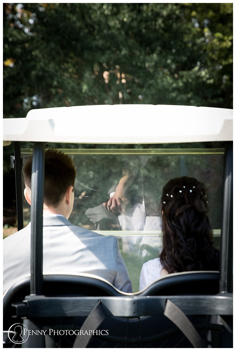 Outdoor Golf Course Wedding golf cart handholding 